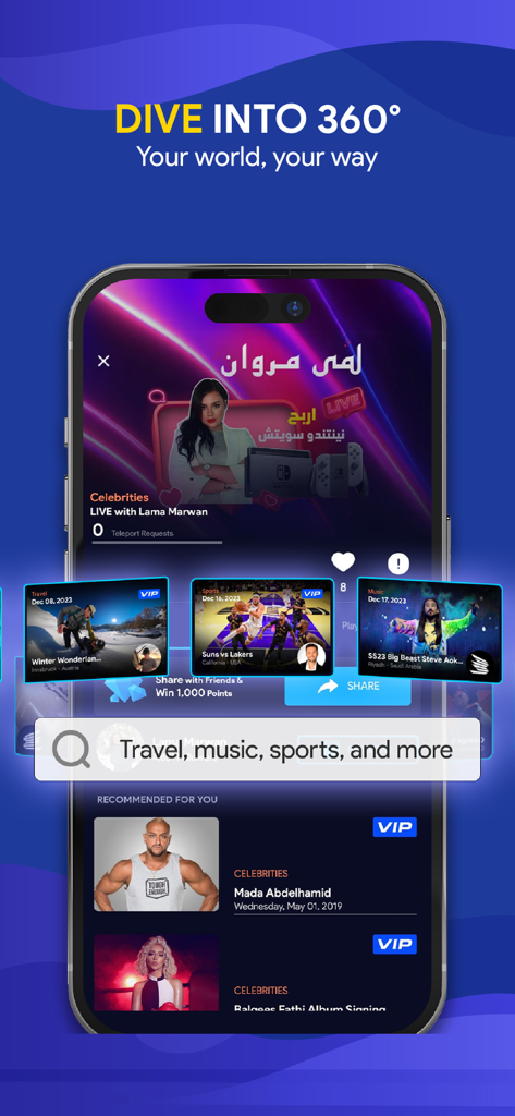 VUZ: Live 360 VR Videos - Screenshot of VUZ app showing immersive 360 degree video categories including sports music and travel with a search bar