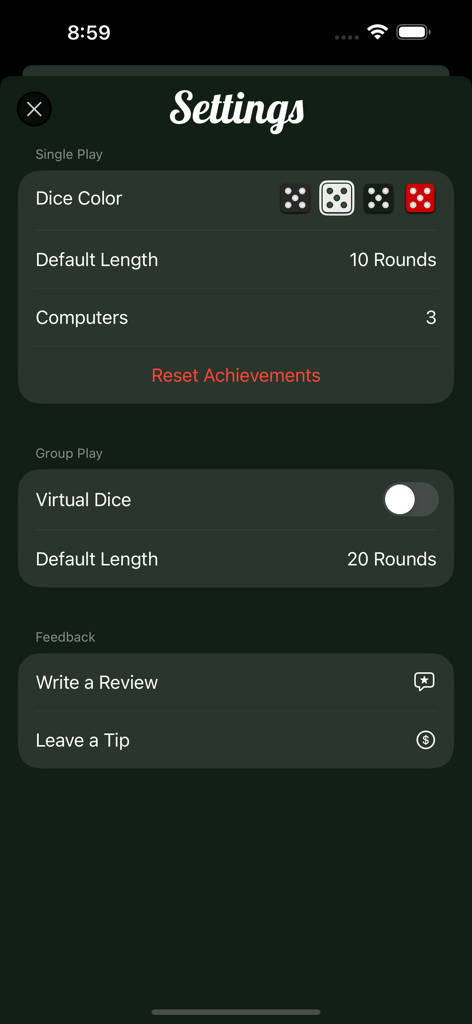 Bank - A Dice Game - Settings screen of the Bank dice game showing customization options for single and group play including dice color and round length.