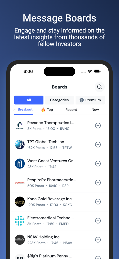 InvestorsHub - Stocks & Crypto - InvestorsHub app screenshot showing community message boards for different stocks and ticker symbols