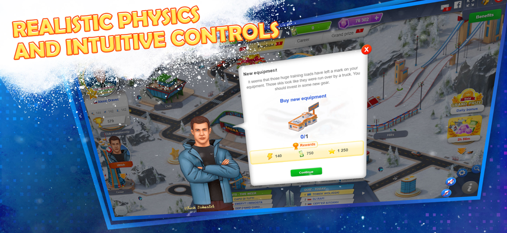 Ski Jump Mania 3 s2 - Ski Jump Mania 3 gameplay screen showing the equipment shop and game physics tagline