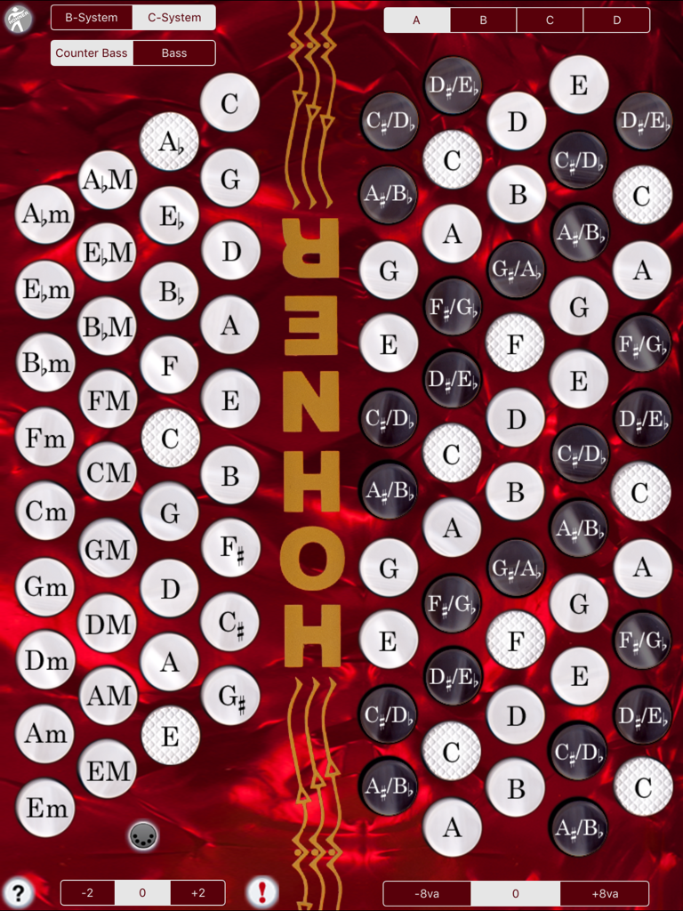 Hohner Chromatic MIDI - Interfaz de la aplicación Hohner Chromatic MIDI mostrando una disposición roja de acordeón de botones cromáticos con controles de sistemas B y C