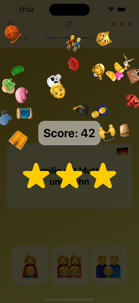 New Emoji Quiz Game - Puzzle - Gameplay screen of Emoji Quiz Game showing three stars and a score of forty two