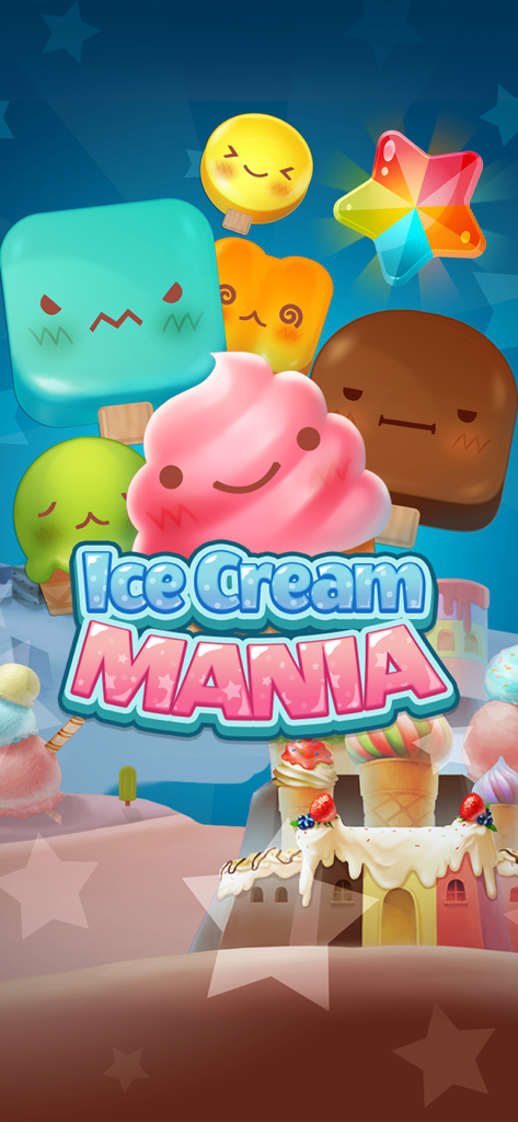 Ice Cream Mania:Match 3 Puzzle - Ice Cream Mania Match 3 Puzzle title screen with cute ice cream characters