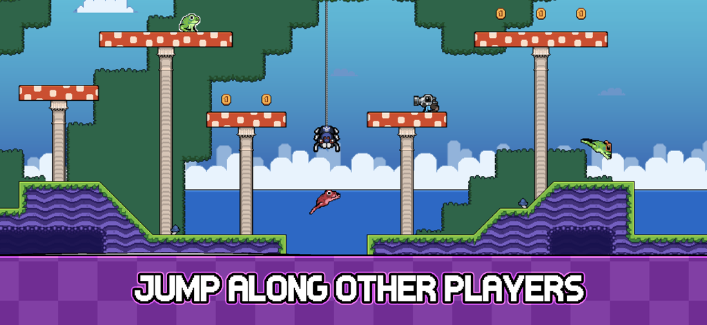 Múltiples ranas saltando en plataformas de setas en un nivel de plataformas de precisión de pixel art con jugadores fantasma