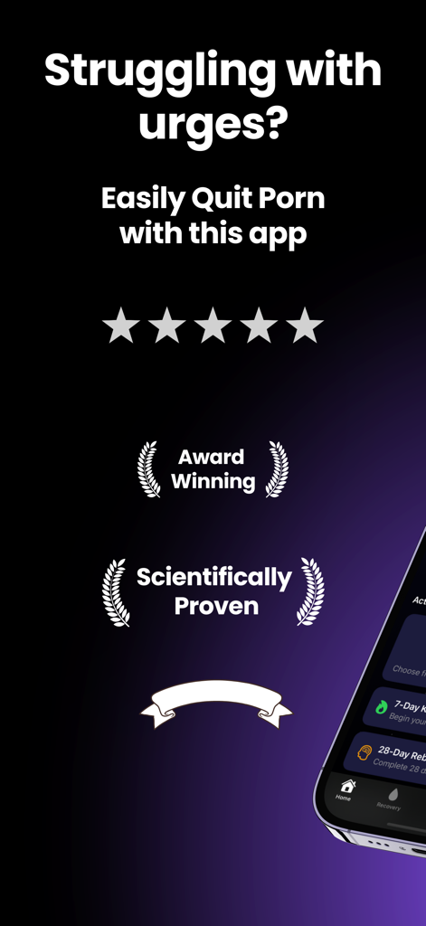 QuitHub - Quit Porn Now - Interfaz de la aplicación QuitHub que muestra desafíos para romper hábitos y distintivos de evidencia científica.