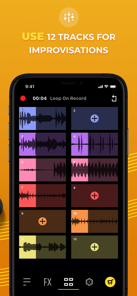 Loop ON-Looper & Jam Recorder - Interfaz de la aplicación Loop ON mostrando 12 pistas de audio para grabación y looping de música