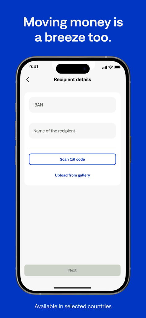 PaysafeCard - prepaid payments - 送金のための受取人詳細とIBANを入力するためのPaysafeCardアプリ画面