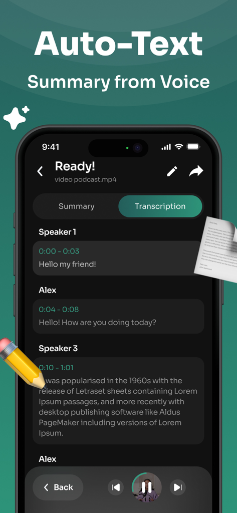 Interface do aplicativo móvel mostrando transcrição de videocast com IA e resumo de texto com identificação de locutor.