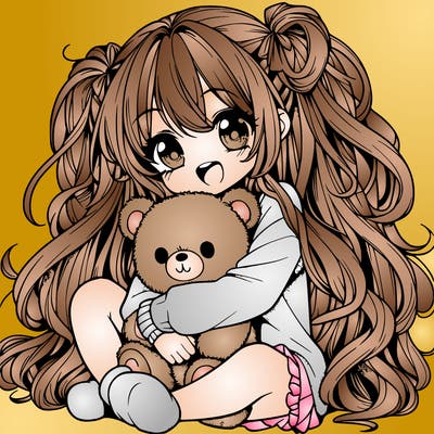 manga girl, long curly hair, happy, cuddling a teddy bear