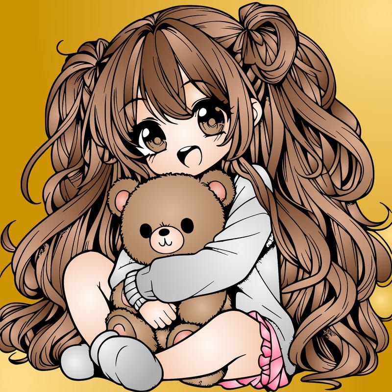manga girl, long curly hair, happy, cuddling a teddy bear