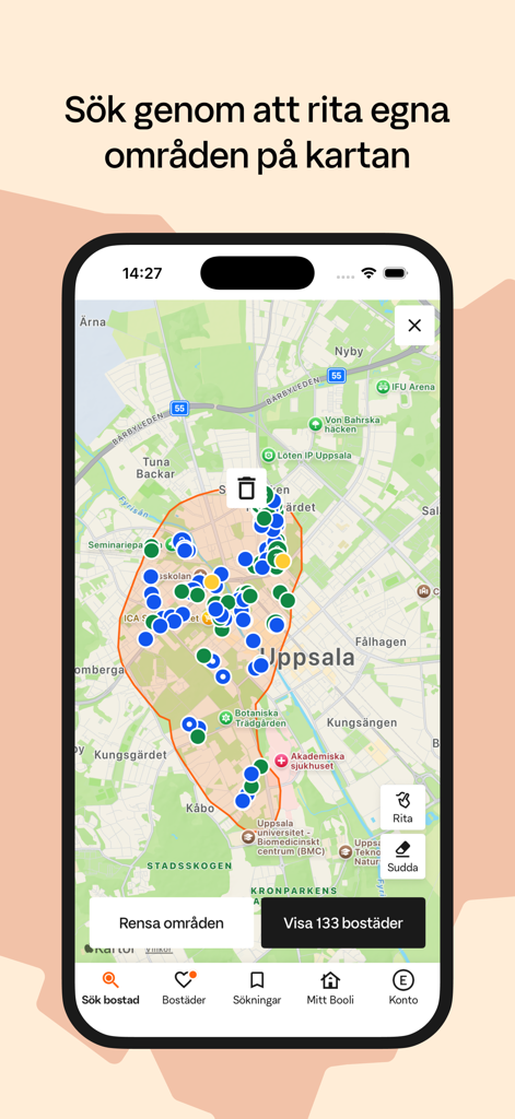 Screenshot of the Booli app showing a map-based search with a custom drawn area in Uppsala Sweden