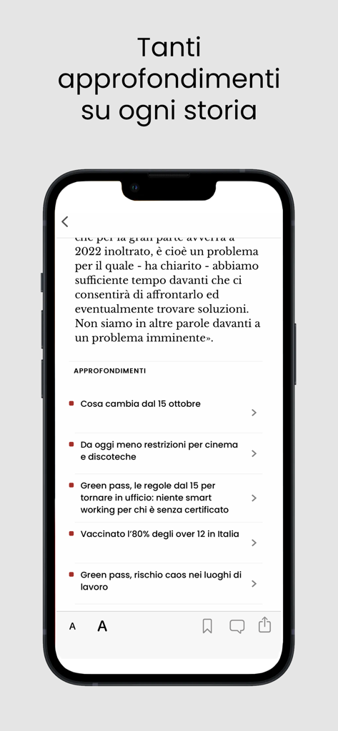 Smartphone screen displaying Il Messaggero news app with a list of related in-depth articles