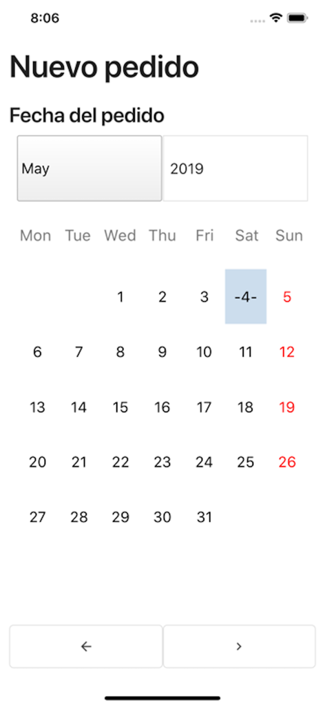 Pantalla de la aplicación móvil Velneo vClient mostrando un calendario de selección de fecha para un nuevo pedido