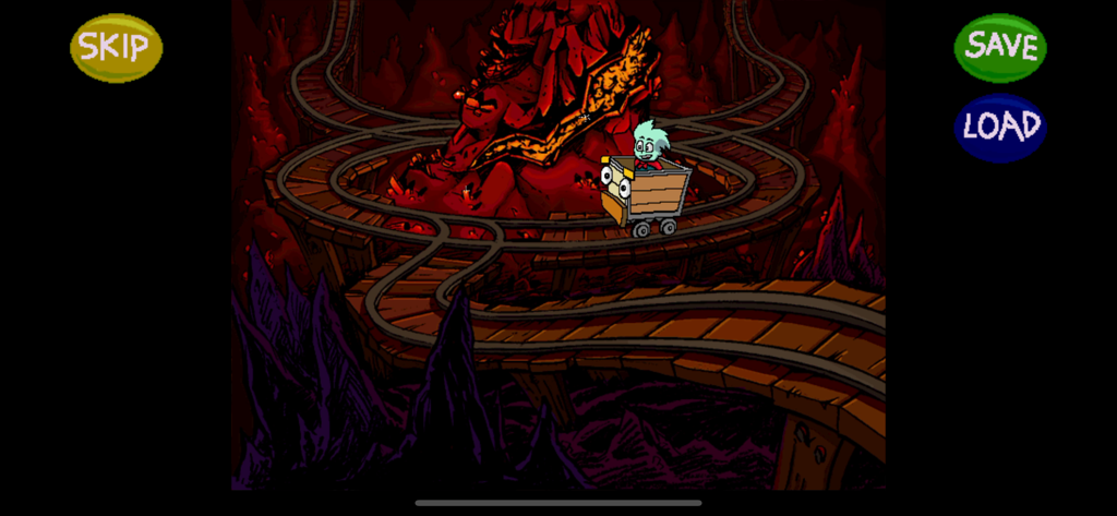 Pajama Sam and King the mine car traveling through a dark cavern