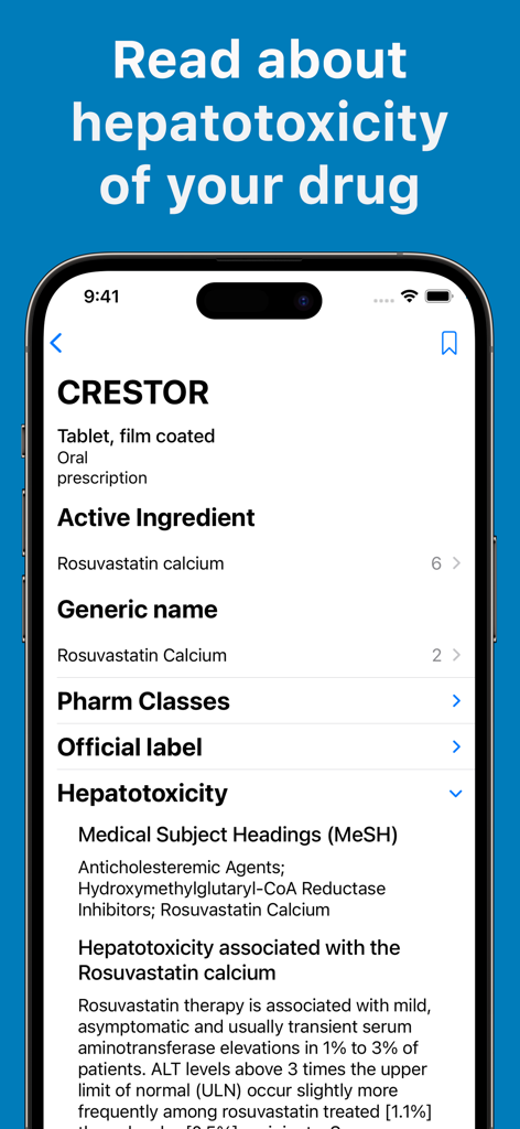 Drug Guide & Medication - Pantalla de la aplicación Guía de Medicamentos que muestra detalles de hepatotoxicidad y seguridad hepática para el fármaco Crestor