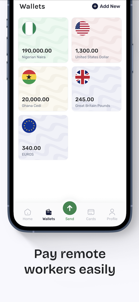 Bildschirm der Changera-App, der mehrere Währungsgeldbeutel anzeigt, darunter Nigerianischer Naira, US-Dollar und Ghanaischer Cedi mit dem Slogan 'Pay remote workers easily'