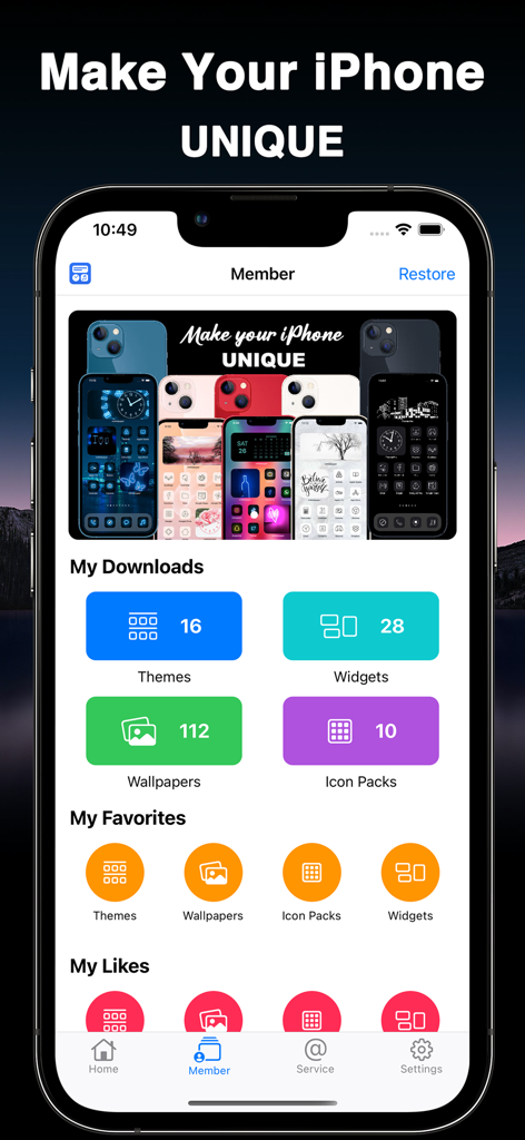 Themery - Widget & Icon Themes - Themery app member dashboard showing counts for downloaded themes widgets and wallpapers