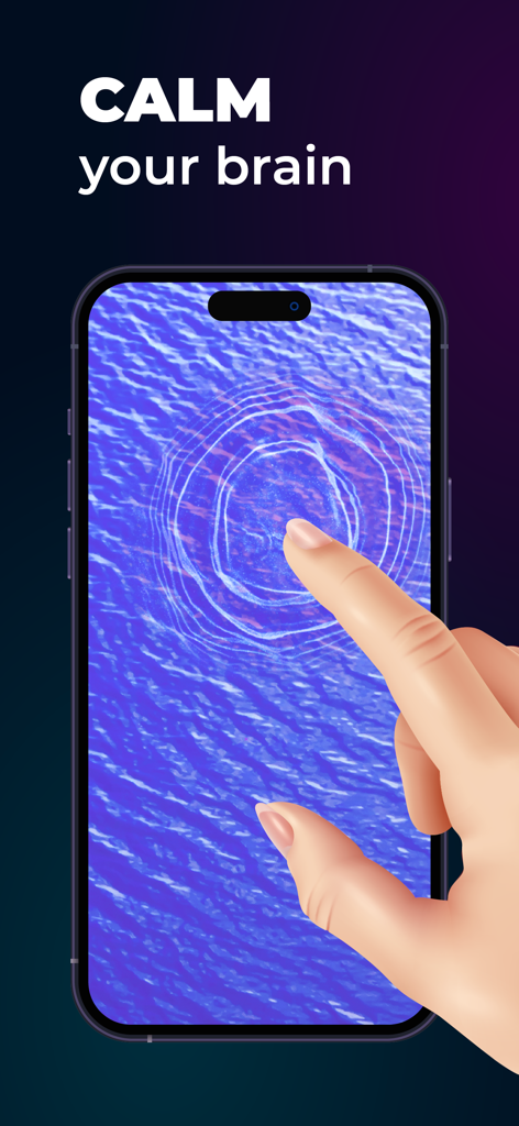 A hand touching a smartphone screen with a blue rippled texture and the text CALM your brain