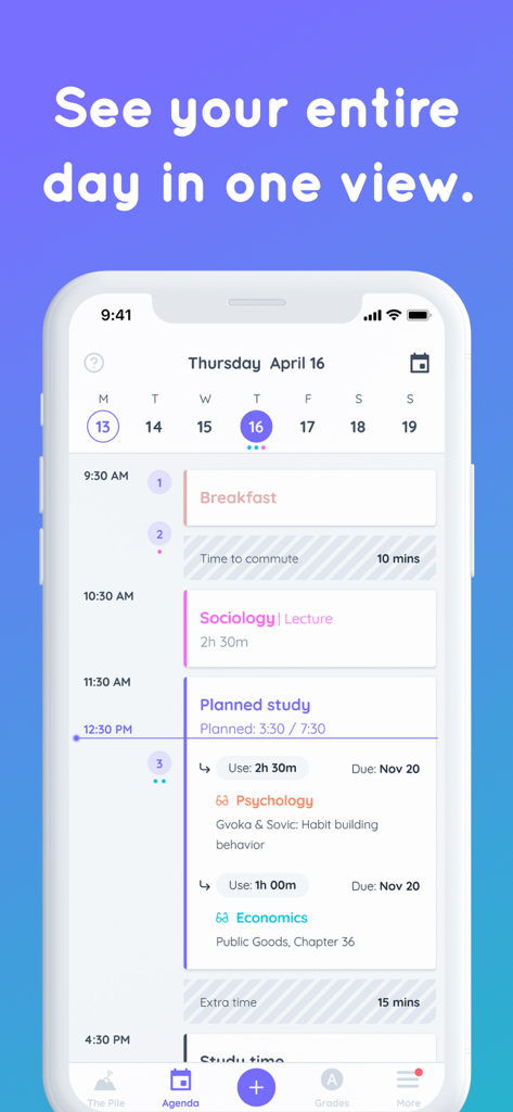 Shovel Study Planner daily agenda view showing time-blocked tasks for college students including classes and study sessions