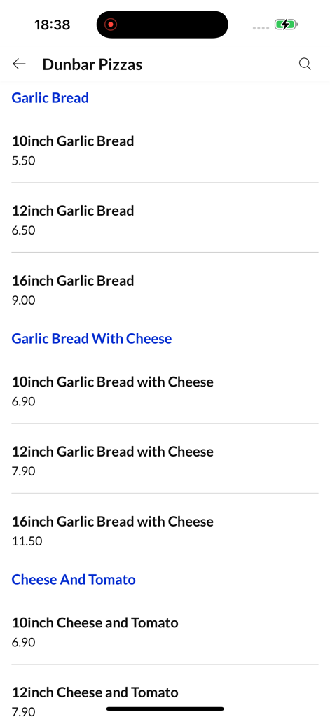 Écran de l'application mobile Turkish Best Kebab montrant le menu des pizzas et du pain à l'ail avec les prix