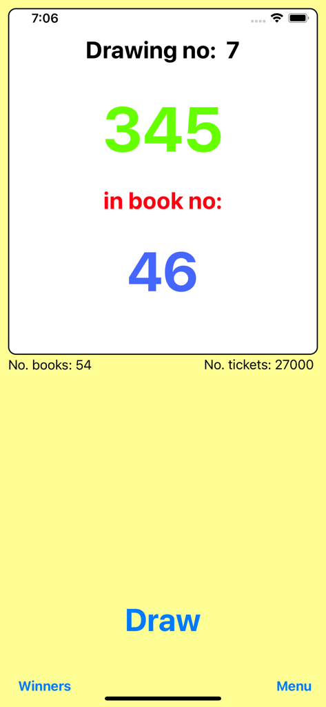 LotteryMaster에서 당첨 티켓 번호와 책 번호를 보여주는 디지털 복권 추첨 결과