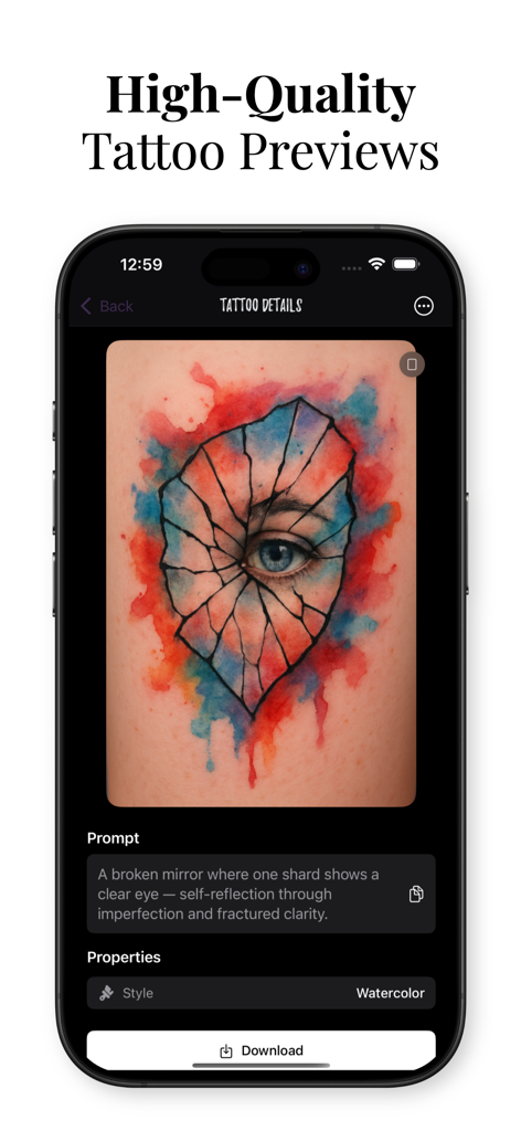 Inko: AI Tattoo Maker, Inklab - Inko app showing a watercolor tattoo preview of a broken mirror design on skin