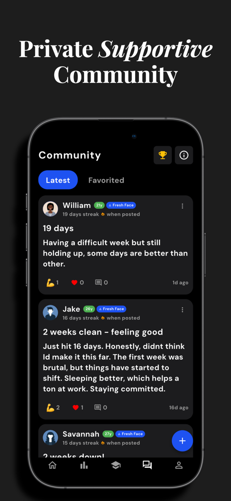 UNSHAKEN: Quit Porn Now - UNSHAKEN app private community screen showing user posts about their recovery progress and sobriety streaks.