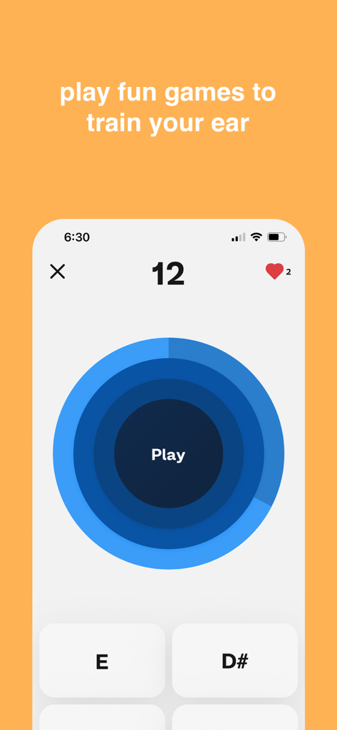 Treble - Learn Music Theory - Interface de minijogo de treinamento de ouvido do aplicativo Treble com botões de notas musicais.
