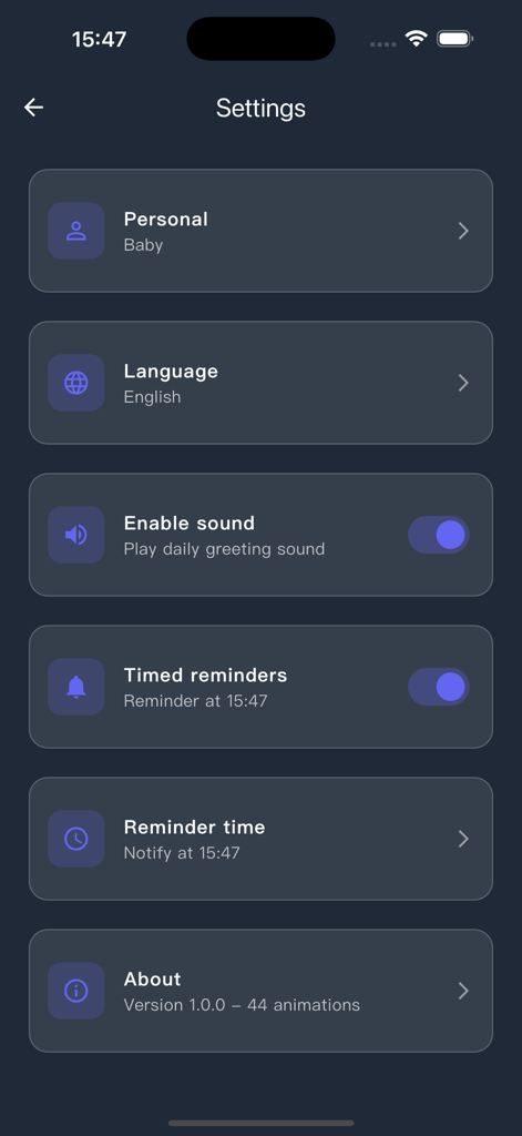 Mornify - The settings screen of the Mornify app showing options for language, sound, and daily greeting reminders.