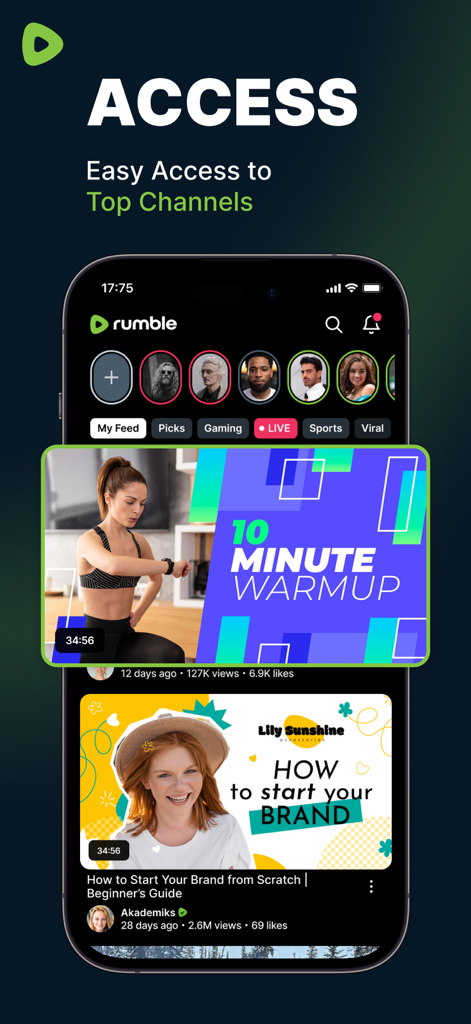 Rumble: Livestreams & Videos - Rumbleアプリのモバイル画面。動画フィードとトップチャンネルが表示されています。