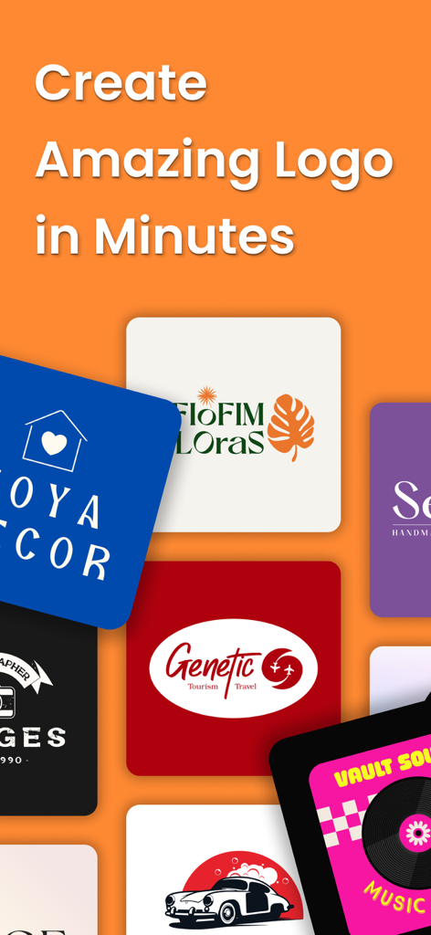 Logo Maker : Brand Maker - Interfaz de la aplicación Logo Maker mostrando varias plantillas de diseño de marca para negocios