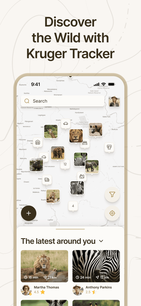 Kruger animal tracker - Map interface of the Kruger Animal Tracker app showing live pins for wildlife sightings and safari locations.