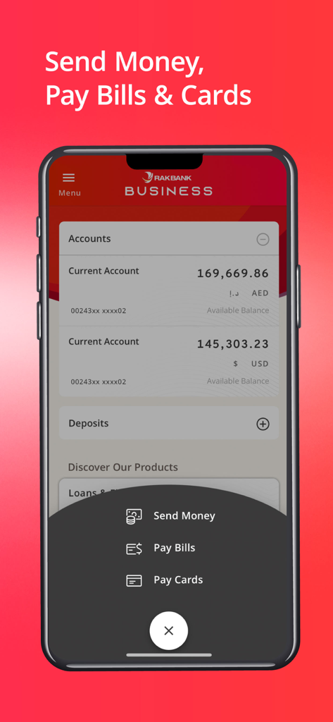 RAKBANK Business - RAKBANK Business app dashboard displaying multi currency account balances and payment features