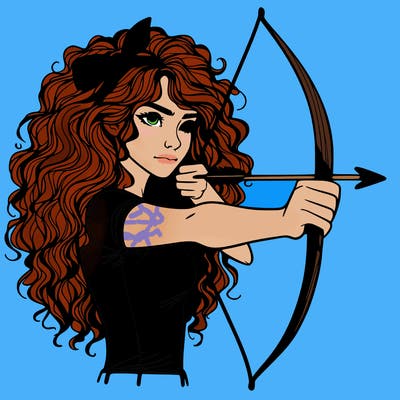 a woman with curly and messy hair using a bow to shoot arrow realistic