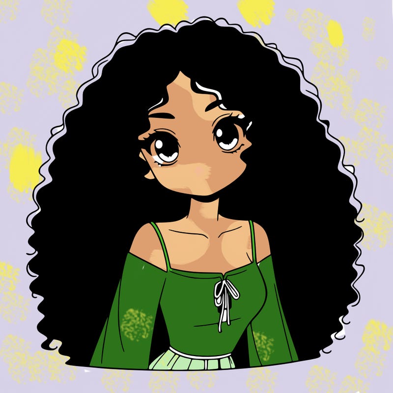 a black anime girl with long afro hair