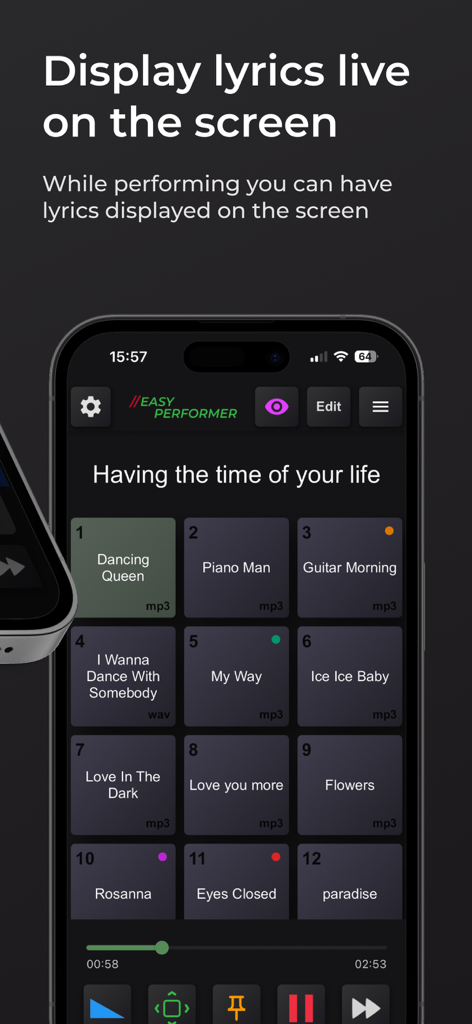 Interface de l'application Easy Performer montrant une grille de setlist de chansons pour les performances live avec affichage intégré des paroles.