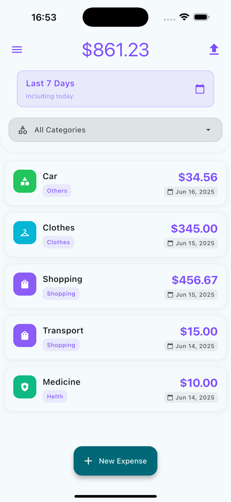 Daily Expense Tracker - Daily Expense Tracker app dashboard showing a list of recent categorized expenses and total spending