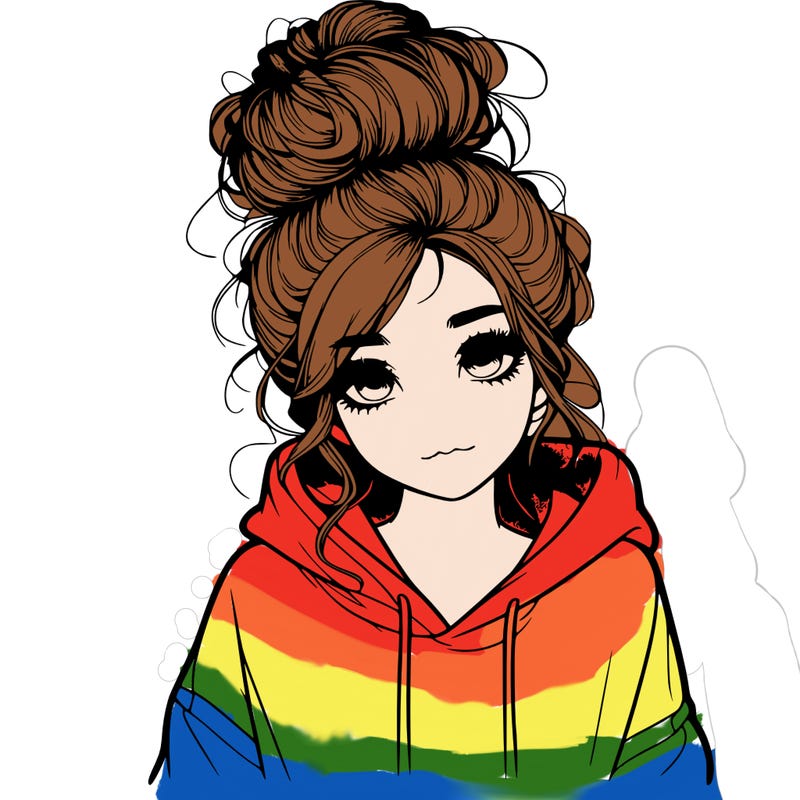 realistic girl with a massy bun and a hoodie