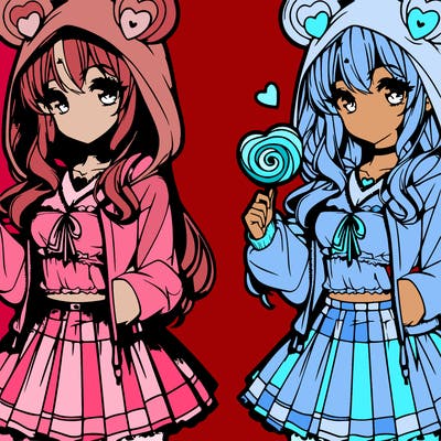 pretty anime girl wearing a expensive hoodie with heart ears on the hood a skirt and a candy heart in her hand