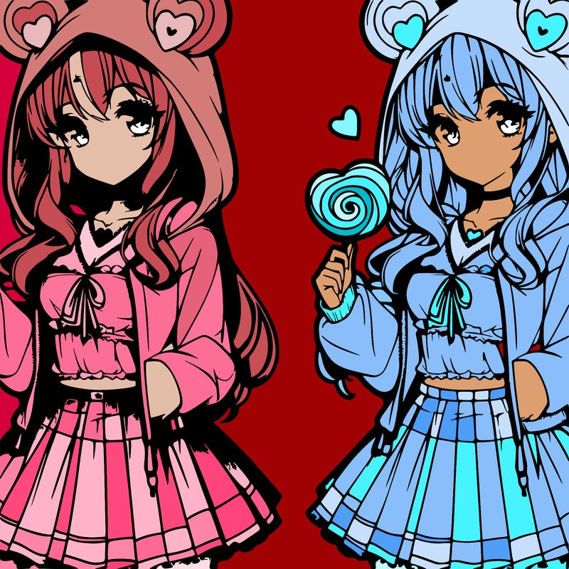 pretty anime girl wearing a expensive hoodie with heart ears on the hood a skirt and a candy heart in her hand