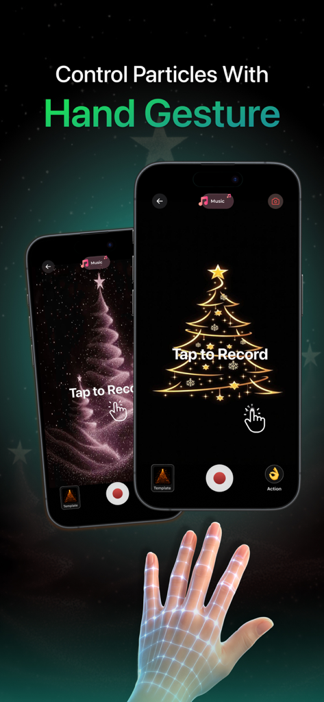Hand Control: Hand Sign Master - Hand tracking interface controlling AR particle effects in the shape of a Christmas tree