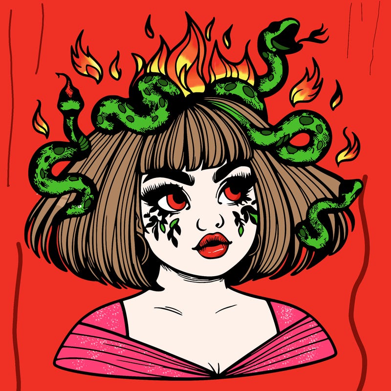a plus size girl with short hair and snakes coming off her head like medusa, and flames in her eyes, beautiful and realistic