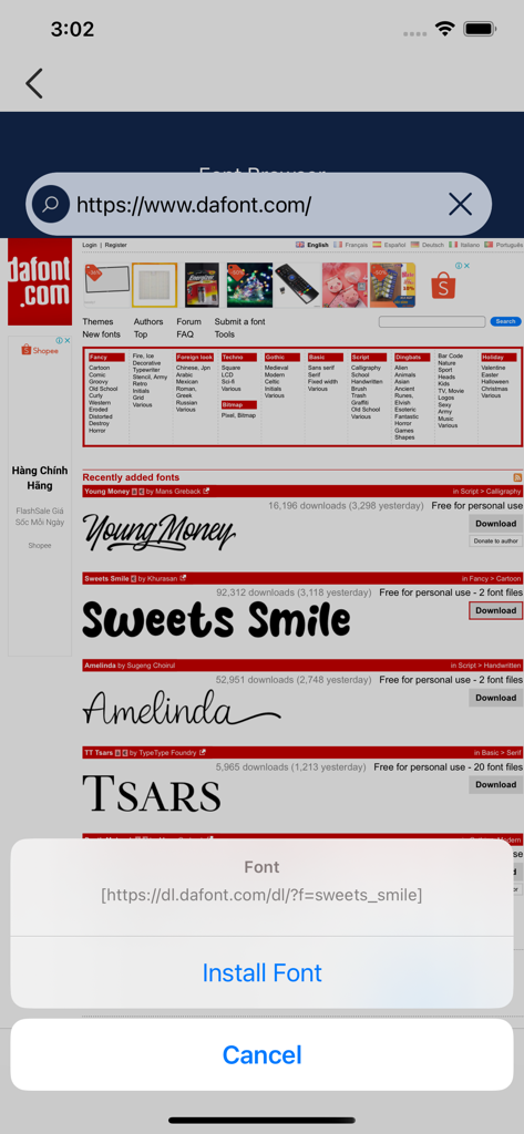 Interface of the Phonto app showing the font browser with an option to install a custom typeface from a website.