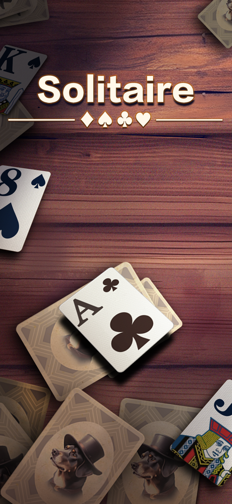 Solitaire Master app splash screen featuring the game title over a wooden background with scattered playing cards