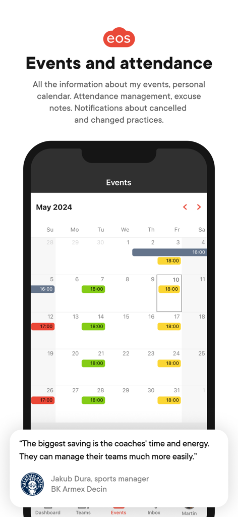EOS for clubs and communities - EOS app mobile interface showing a sports club events calendar and attendance management