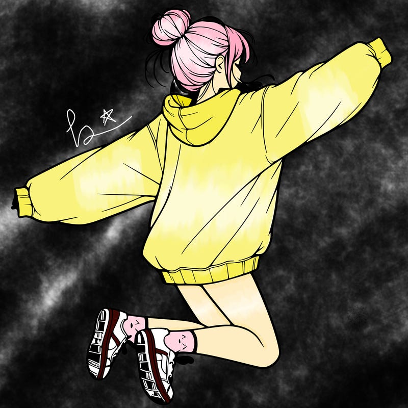 realistic girl jumping with a bun and oversized sweatshirt