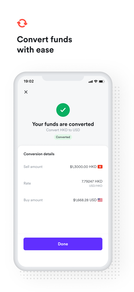 Interface de l'application mobile Airwallex montrant un écran de conversion de devises HKD en USD réussi