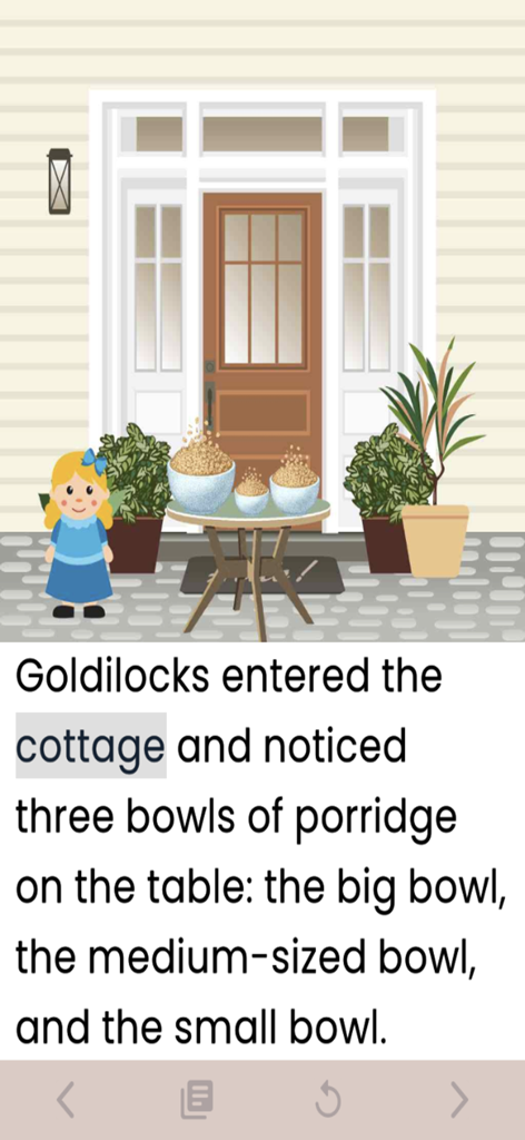 Children's Books Read Aloud - Goldilocks story page with highlighted text and an illustration of three bowls of porridge in the ReadingBuddy app