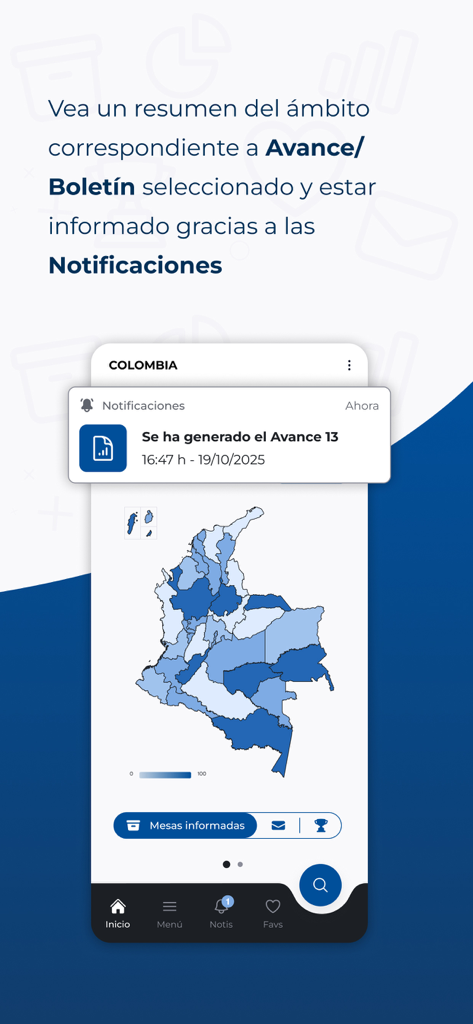 Mobile app screen showing a map of Colombia with election results and notification alerts