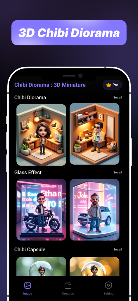 Home screen of Chibi Diorama app showing 3D miniature and glass capsule photo effects.